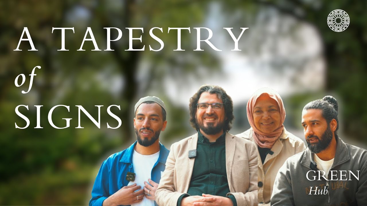 Four participants of the programme standing outdoors beneath trees, on the title card of the film A Tapestry of Signs