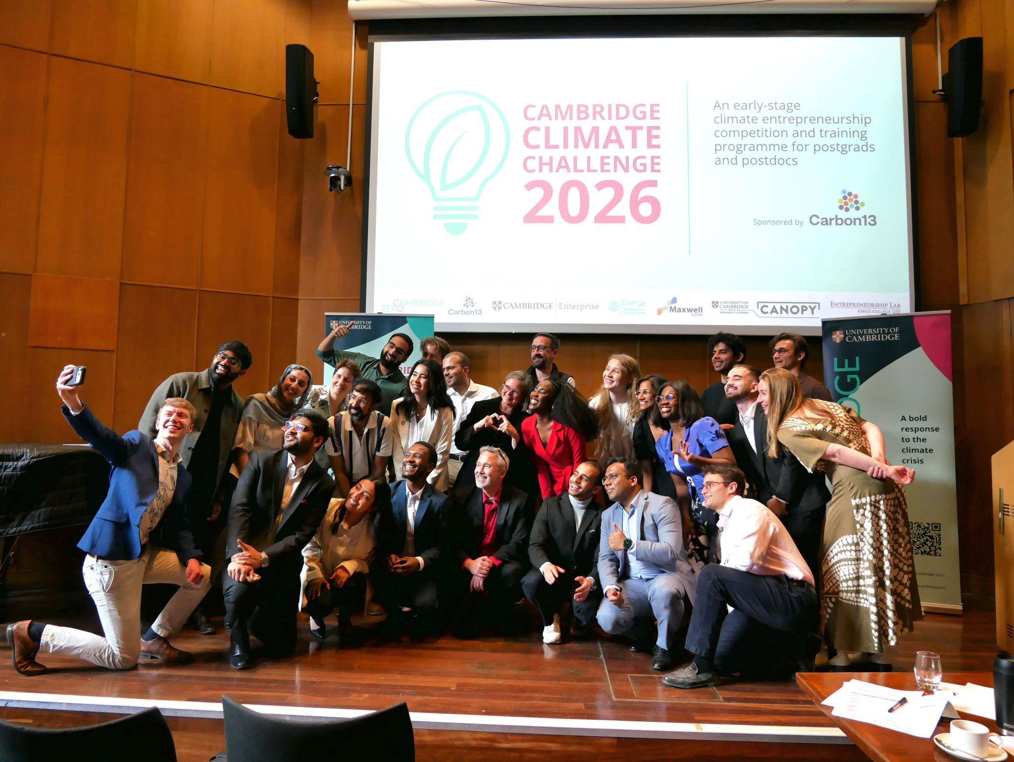 The Canopy team celebrating on stage at the Cambridge Climate Challenge 2026 Grand Final